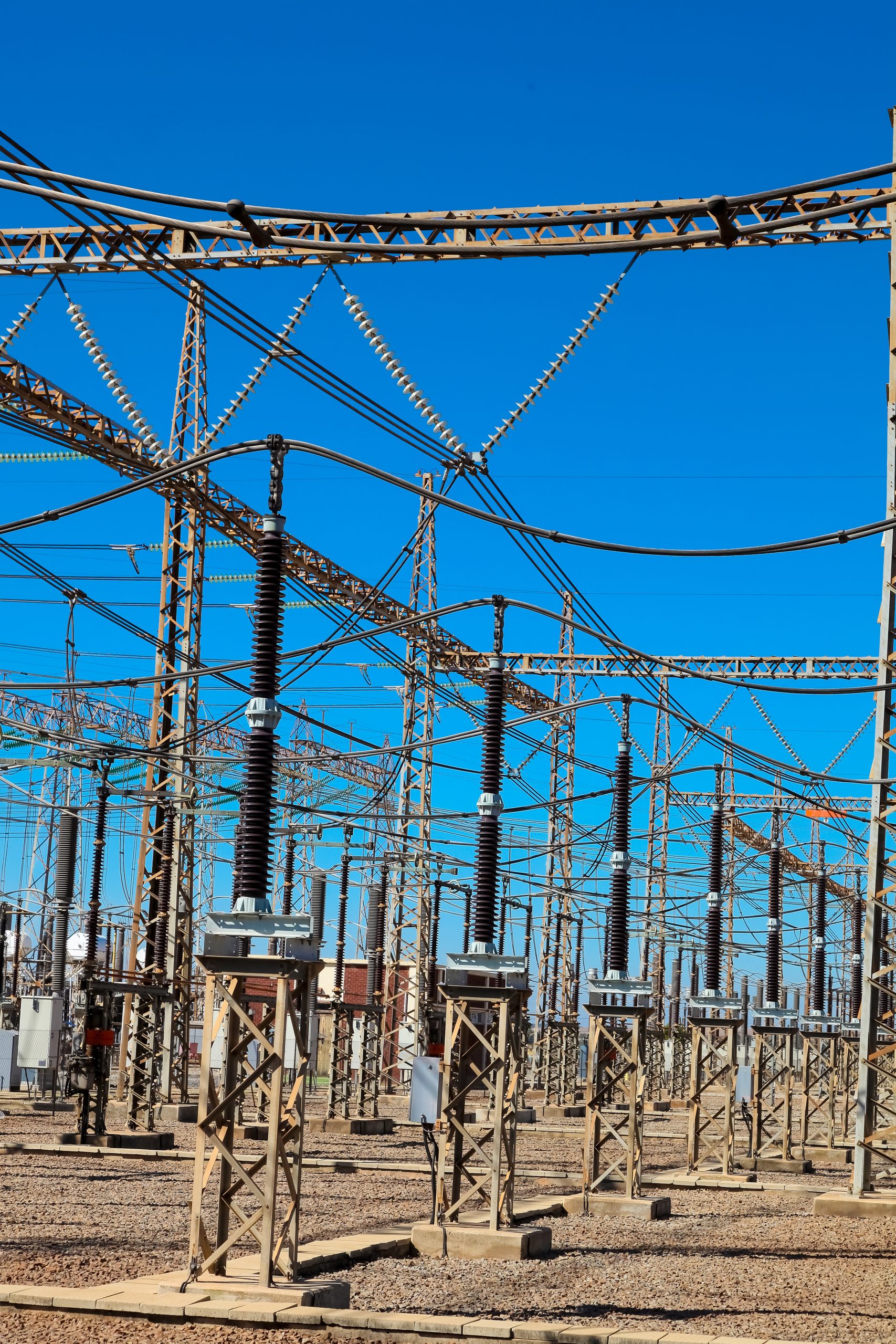 A vertical shot of an electric power distribution plant facility in Johannesburg, South Africa
