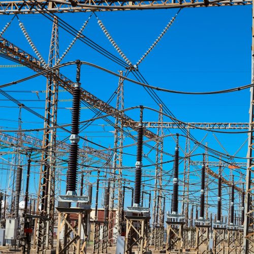 A vertical shot of an electric power distribution plant facility in Johannesburg, South Africa